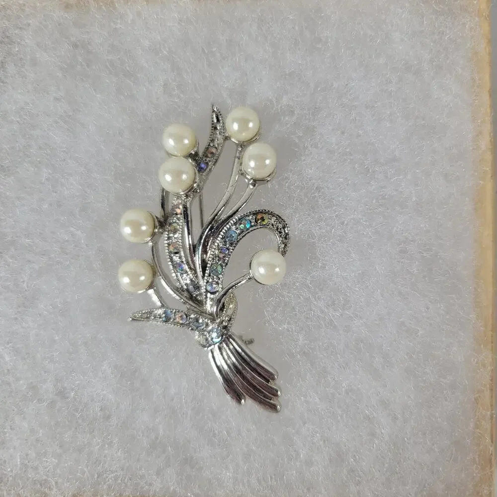 Set of 2 Silver Tone Classic Faux Pearl Floral Wheat Sheaf & Flowers Brooches